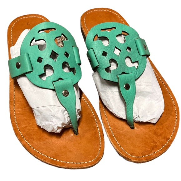 Hand Crafted Shoes - Greek Handmade Leather Slide Sandals from Mykonos Turquoise Green Size 9